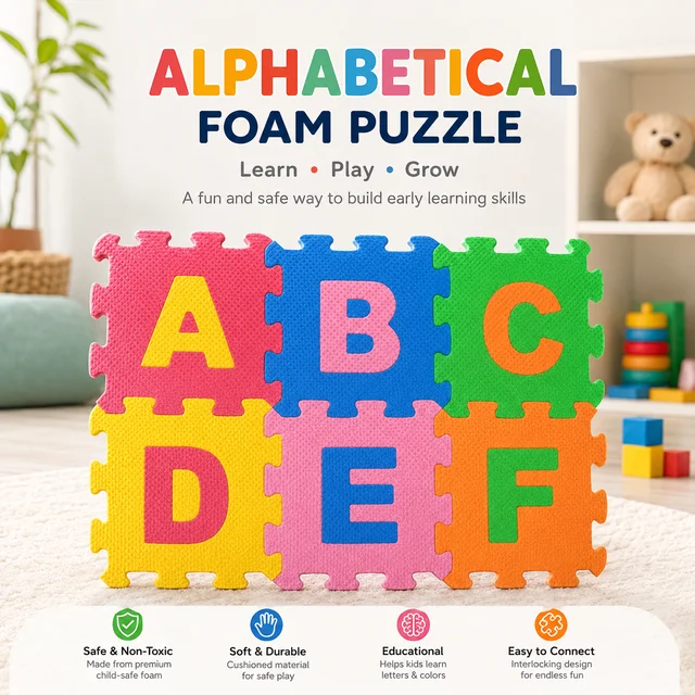 Kids EVA Foam Alphabet & Number Puzzle Mat Set (medium size) | A-Z English Alphabets & 0-9 Numbers | Soft Interlocking Educational Floor Tiles for Toddlers & Kids | Colorful Learning Play Mat – 36 Pieces -