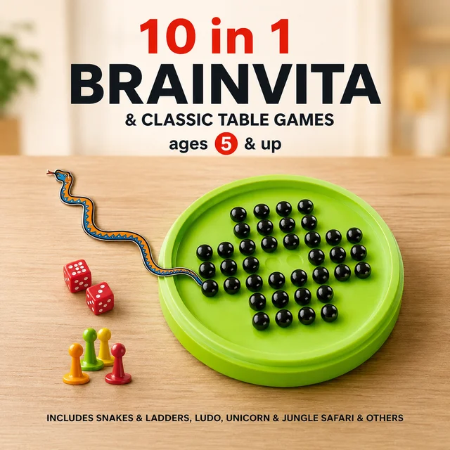 10 in 1 Brainvita & Classic Table Games Set for Kids and Family | Brainvita, Snakes & Ladders, Ludo, Jungle Safari and More | Educational Indoor Board Game Combo | Ages 5+ -