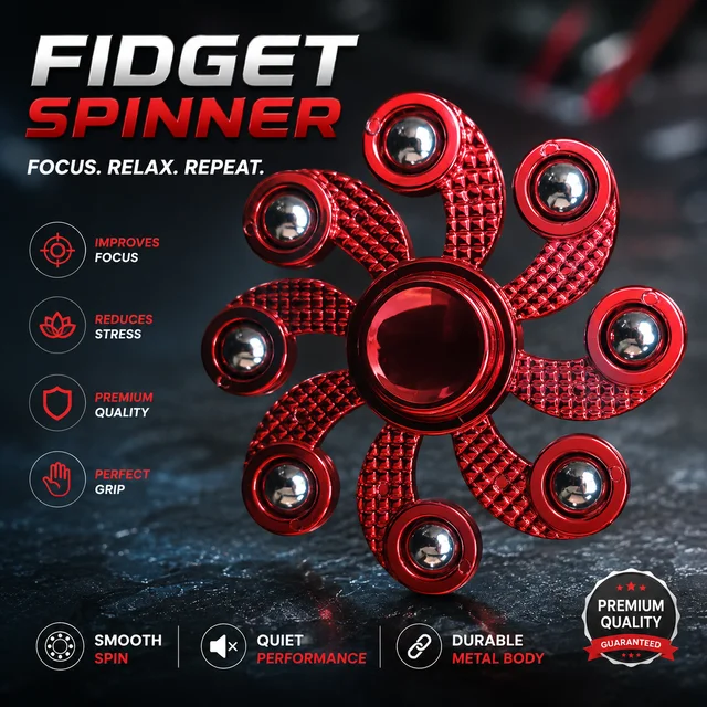 Fidget Spinner Premium Metal Hand Spinner Toy for Stress Relief, ADHD, Anxiety, Focus & Relaxation – Smooth Silent Spin Red 8-Arm Design