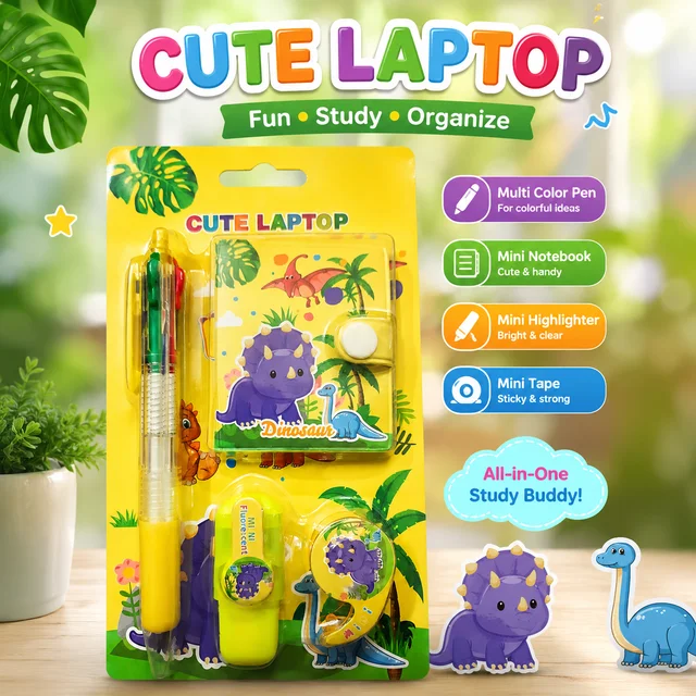 Cute Laptop Dinosaur Stationery Set for Kids | Mini Notebook with Multi Color Pen, Mini Highlighter & Tape Roll | Cartoon Study Kit for School & Gift