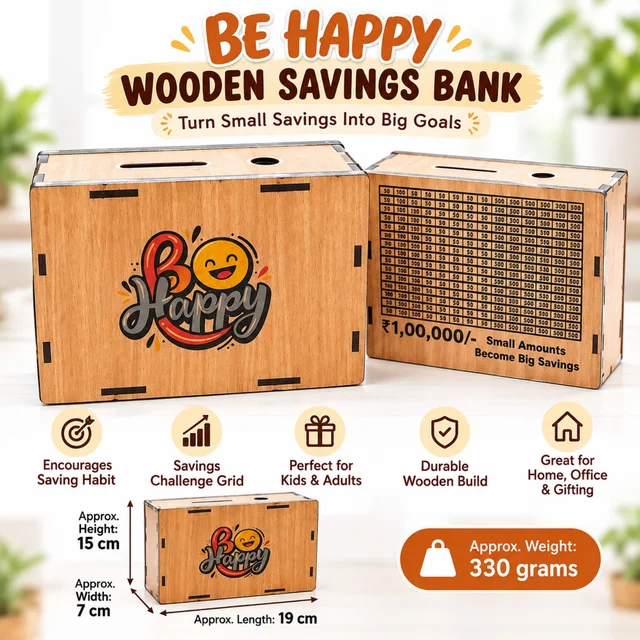 Be Happy Wooden Savings Bank with ₹1,00,000 Savings Challenge Grid, Money Saving Box for Kids and Adults, Durable Wooden Piggy Bank for Home, Office, Gifting and Financial Goal Planning