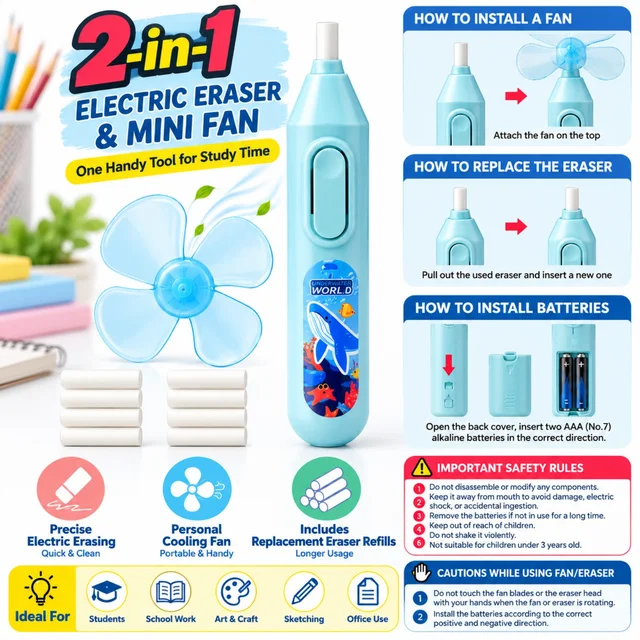 PEXON 2-in-1 Electric Eraser and Portable Mini Fan for Kids, Battery Operated Automatic Pencil Eraser with Replacement Eraser Refills, Lightweight Handheld Cooling Fan for School, Study, Drawing, Sketching and Art & Craft