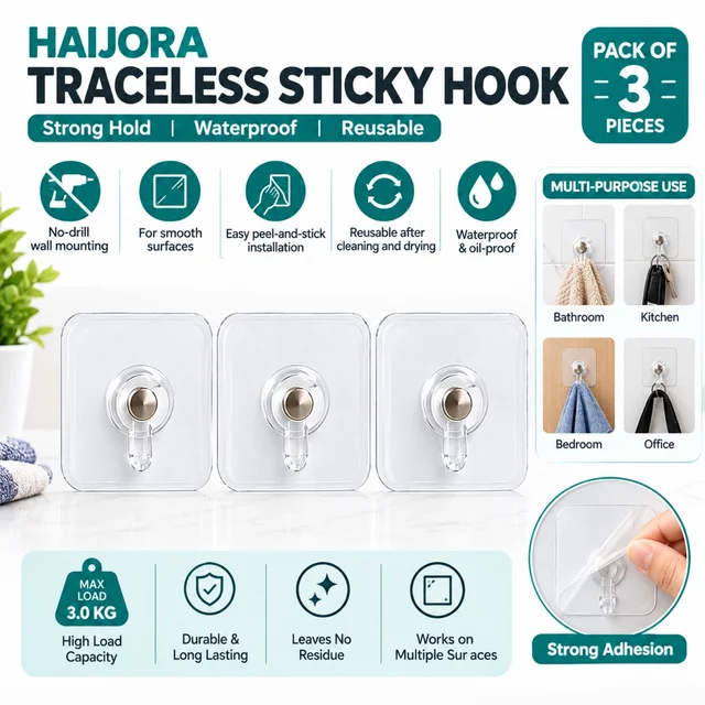 HAIJORA Traceless Sticky Wall Hooks, Pack of 3, Heavy-Duty Self-Adhesive Hooks for Bathroom, Kitchen, Bedroom & Office, Waterproof, Reusable, No-Drill Wall Mounting for Smooth Surfaces, 3 kg Load Capacity