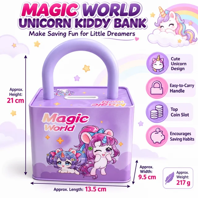 Magic World Unicorn Kiddy Bank for Kids, Cute Purple Cartoon Piggy Bank with Easy-to-Carry Handle and Top Coin Slot, Fun Money Saving Box for Boys and Girls, Gift for Birthdays and Special Occasions