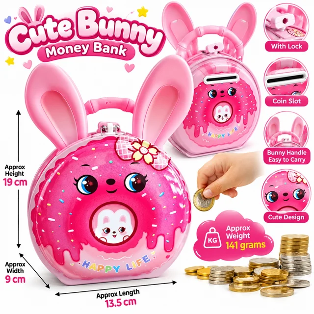 Cute Bunny Money Bank for Kids ( RANDOM COLOURS )Pink Cartoon Piggy Bank with Lock and Key, Coin Slot and Bunny Ear Handle, Cute Money Saving Box for Children, Birthday Gifts and Return Gifts