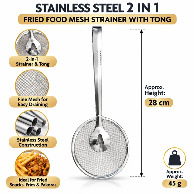 Stainless Steel 2-in-1 Fried Food Mesh Strainer with Tong, Fine Mesh Oil Draining Skimmer for French Fries, Pakoras, Fried Snacks and Kitchen Use