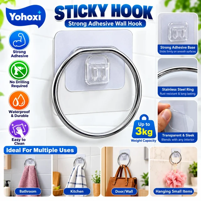 Yohoxi Sticky Hook with Stainless Steel Ring, Strong Adhesive Wall-Mounted Hanging Hook, No Drilling Required, Waterproof and Easy-to-Clean Design, Up to 3 kg Weight Capacity for Bathroom, Kitchen, Door and Wall