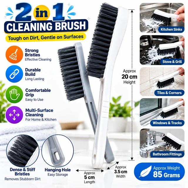 2 in 1 Cleaning Brush with Strong Bristles, Durable Handle & Hanging Hole for Kitchen Sink, Stove, Grill, Tiles, Bathroom Fittings, Window Tracks and Corners, White & Grey