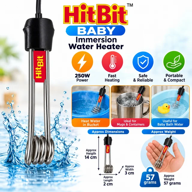 HitBit Baby Immersion Water Heater 250W, Compact Electric Water Heating Rod for Buckets, Mugs and Small Containers, Portable Water Heating Appliance