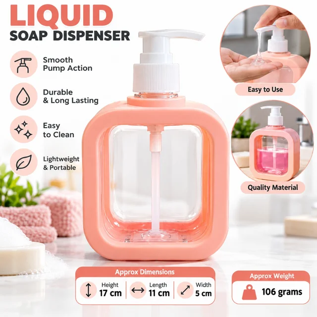 Liquid Soap Dispenser Pump Bottle for Hand Wash, Liquid Soap and Lotion, Peach Pink Transparent Refillable Dispenser with Smooth Pump, Lightweight Bathroom and Kitchen Accessory