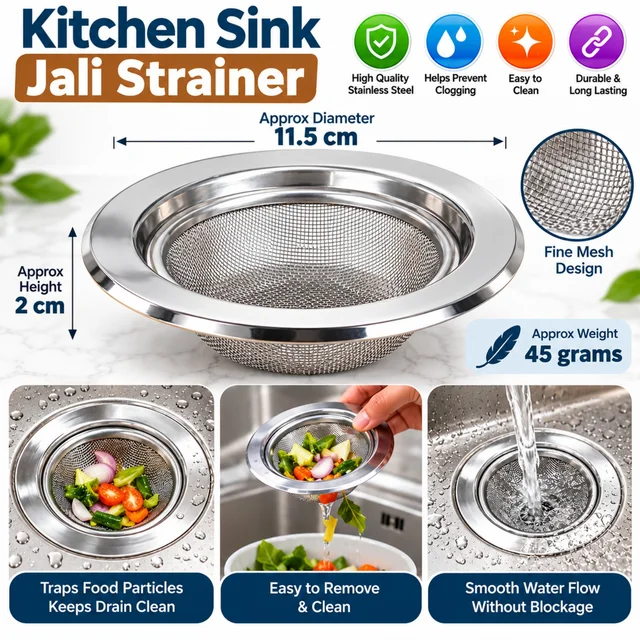 Stainless Steel Kitchen Sink Jali Strainer with Fine Mesh Basket, Removable Drain Filter for Food Particles, Easy-Clean Sink Waste Catcher