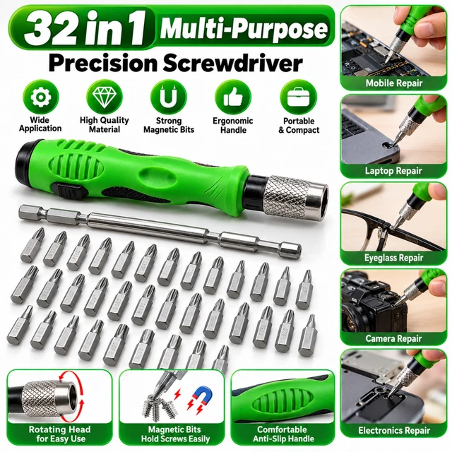 32-in-1 Multi-Purpose Precision Screwdriver Set with Magnetic Bits, Rotating Head and Ergonomic Anti-Slip Handle for Mobile Phones, Laptops, Eyeglasses, Cameras and Electronics Repair