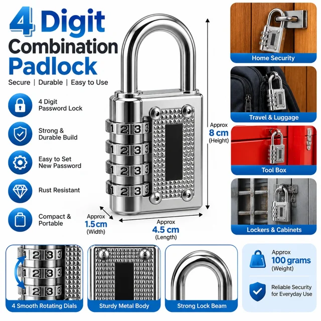 4-Digit Combination Padlock – Durable Metal Password Lock with Resettable Code, Smooth Rotating Number Dials, Compact Design for Luggage, Lockers, Cabinets, Toolboxes and Travel Bags