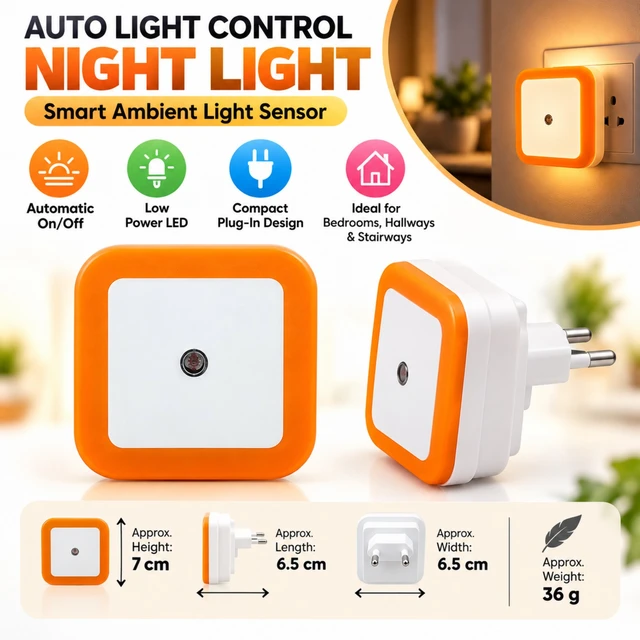 Automatic LED Night Light with Ambient Light, Orange & White Plug-In Night Lamp for Bedroom, Hallway, Stairway and Indoor Home Lighting