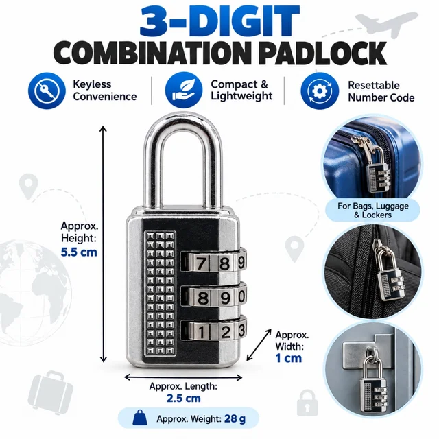 3-Digit Resettable Combination Padlock, Compact Lightweight Number Code Lock for Bags, Luggage, Backpacks, Suitcases, Lockers and Travel Essentials