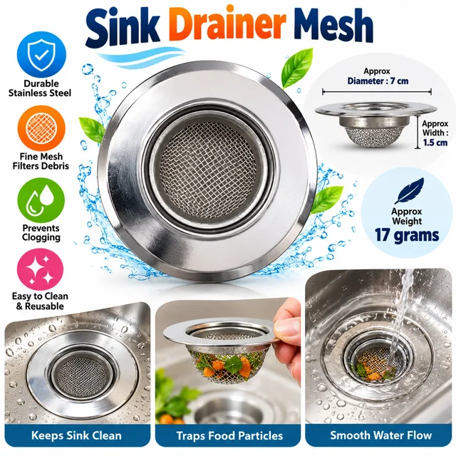 Stainless Steel Sink Drainer Mesh Strainer, Fine Mesh Food Waste Filter, Reusable Kitchen Sink Drain Catcher for Food Particles