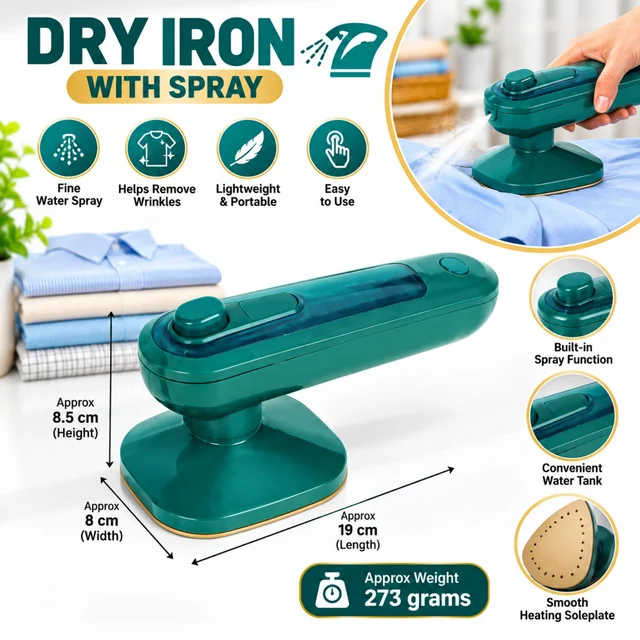 Compact Dry Iron with Built-In Water Spray, Portable Handheld Clothes Iron with Water Tank and Smooth Heating Soleplate for Everyday Garment Care