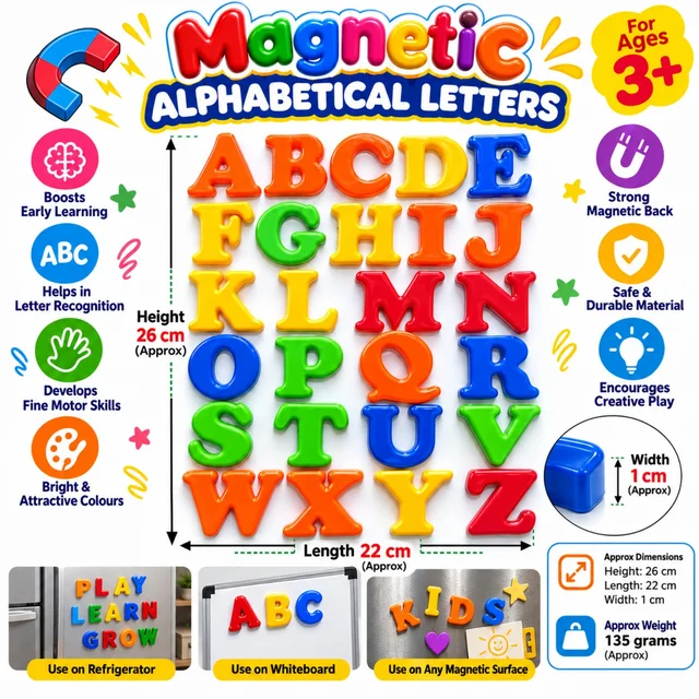 Magnetic Alphabetical Letters for Kids – Colourful A–Z Educational Magnets for Letter Recognition, Early Learning and Creative Play