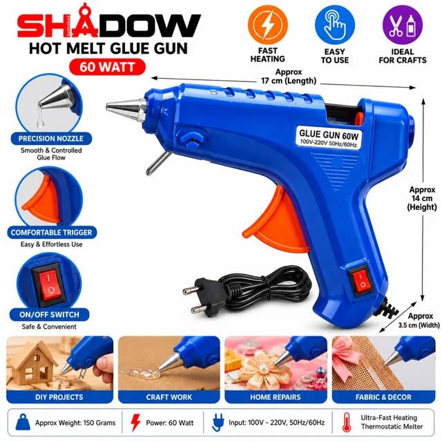 SHADOW 60 Watt Hot Melt Glue Gun with Precision Nozzle, Comfortable Trigger, On/Off Switch and Fast Heating for DIY Projects, Craft Work, Home Repairs and Fabric Decoration