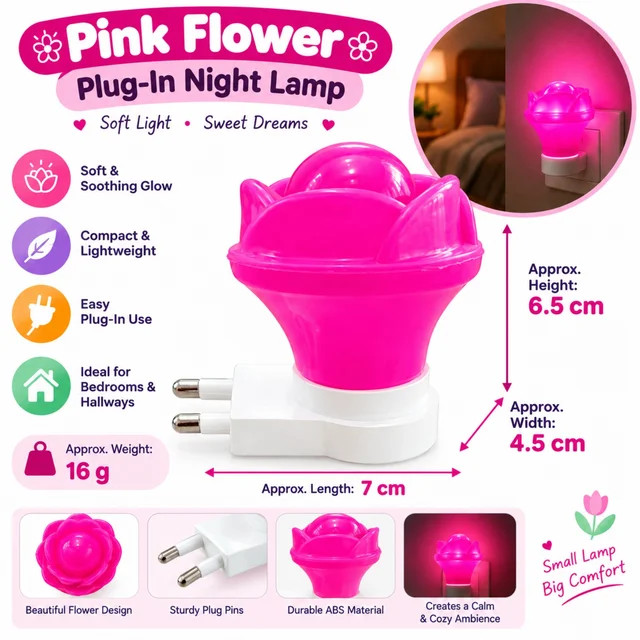 Pink Flower Plug-In Night Lamp ( RANDOM COLOURS )Compact Decorative Night Light with Soft Pink Glow for Bedroom, Hallway and Home Décor