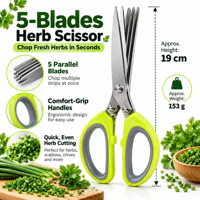 5-Blade Herb Scissors with Comfort Grip Handles, Stainless Steel Multi-Blade Kitchen Shears for Chopping Coriander, Chives, Parsley, Spring Onions and Fresh Herbs