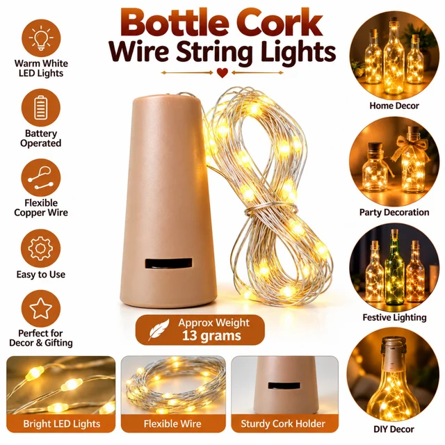 Bottle Cork Wire String Lights, Warm White Battery-Operated LED Fairy Lights with Flexible Copper Wire for Bottle Decor, Home Decoration, Parties, Festivals and DIY Crafts