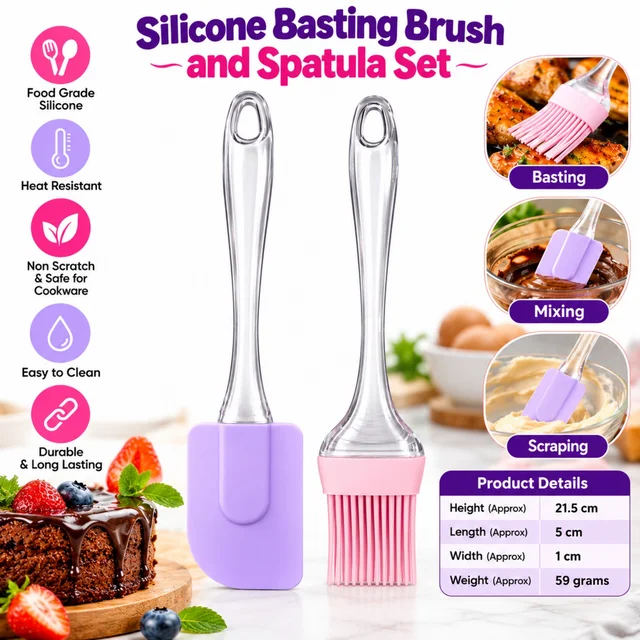 Silicone Basting Brush and Spatula Set ( RANDOM COLOURS ) for Baking, Cooking, Mixing, Spreading, Scraping, Butter, Oil and Sauce Application, Flexible Kitchen Utensils,