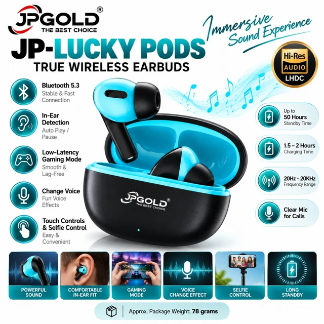 JPGOLD JP-LUCKY PODS True Wireless Bluetooth 5.3 Earbuds with Hi-Res Audio, Low-Latency Gaming Mode, In-Ear Detection, Voice Change Effects, Touch Controls, Selfie Control and Long Standby Time – Black & Cyan