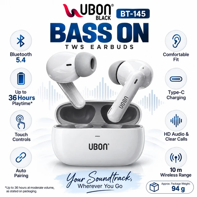 UBON BT-145 Black Bass On True Wireless Stereo Earbuds with Bluetooth 5.4, Touch Controls, Type-C Charging, HD Audio and Up to 36 Hours Playtime