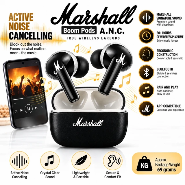 Marshall Boom Pods A.N.C. True Wireless Bluetooth Earbuds with Active Noise Cancellation, Deep Bass Sound, 30+ Hours Playtime, Ergonomic Fit, Charging Case and App Compatibility 