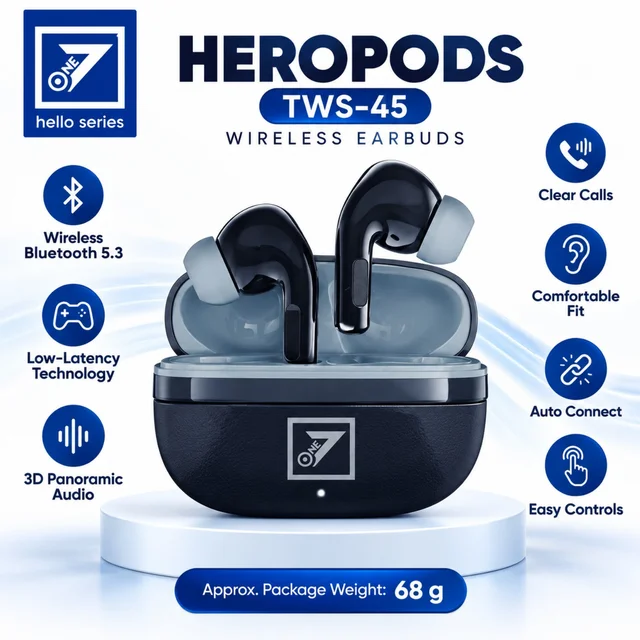 7 ONE Hello Series HEROPODS TWS-45 Wireless Bluetooth 5.3 Earbuds with 3D Panoramic Audio, Low-Latency Technology, Clear Calling, Touch Controls, Auto Connect & Comfortable Fit