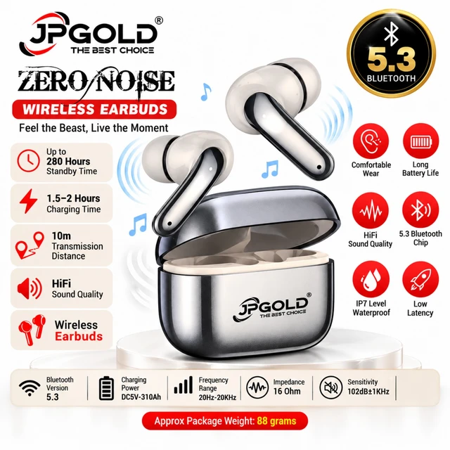 JP Gold Zero Noise Wireless Earbuds with Bluetooth 5.3, Hi-Fi Sound Quality, IP7 Water Resistance, Low Latency, Long Battery Life and Comfortable Fit