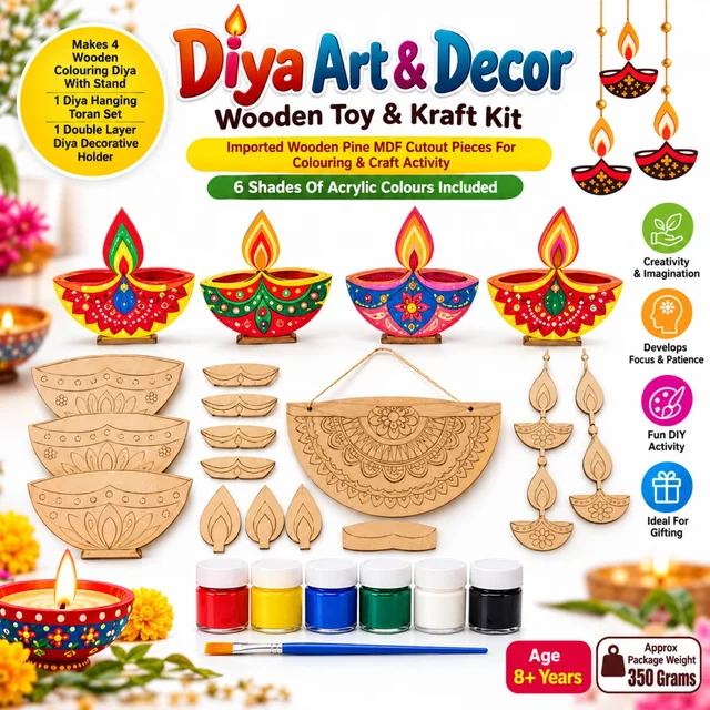 Diya Art & Decor Wooden Diya Colouring and Craft Kit for Kids, DIY Festival Decoration Set with 6 Acrylic Colours, Wooden Diya Stands, Hanging Toran and Decorative Holder, Creative Art & Kraft Activity for Ages 8+