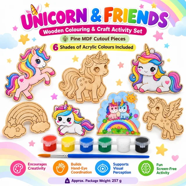Unicorn & Friends Wooden Colouring and Craft Activity Set with Pine MDF Cutouts, 6 Acrylic Paint Colours for Kids