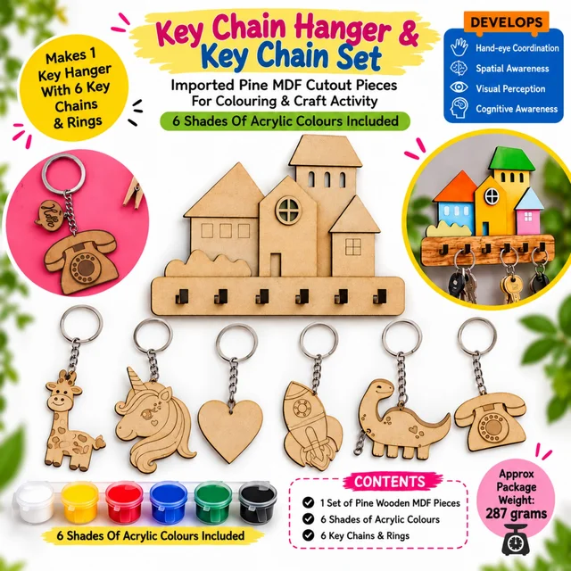 Wooden Key Chain Hanger & DIY Key Chain Making Set with Pine MDF Cutouts, 6 Acrylic Paint Colours and 6 Key Chains with Rings for Kids' Art and Craft Activities