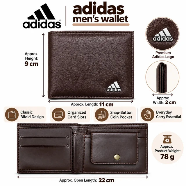 Adidas Men's Brown Bifold Wallet with Card Slots, Snap-Button Coin Pocket, Compact Design for Everyday Use