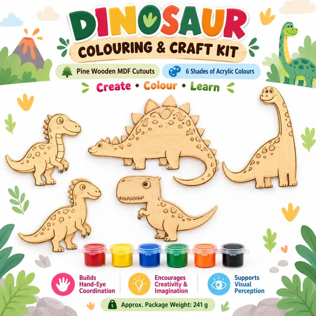 Dinosaur Colouring & Craft Kit for Kids | Pine Wooden MDF Dinosaur Cutouts with 6 Acrylic Paint Colours | Creative DIY Art and Craft Activity Set