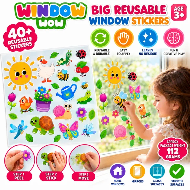Window Wow Big Reusable Window Stickers for Kids, 40+ Colourful Animal and Nature Stickers, Easy Peel and Stick, Repositionable Window Clings for Home, Mirrors and Glass Surfaces, Ages 3+