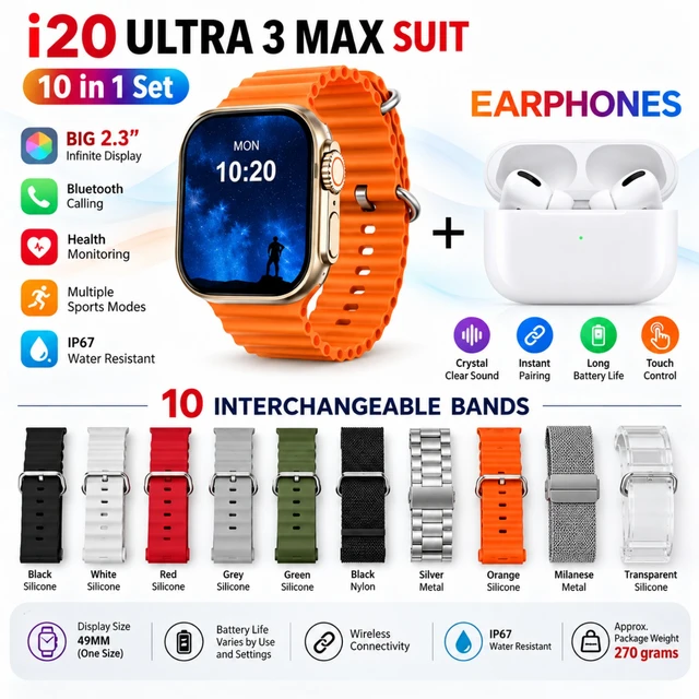 i20 Ultra 3 Max Smart Watch with Wireless Bluetooth Earphones, 10 Interchangeable Bands, 2.3-Inch Display, Bluetooth Calling, Sports Modes, Health Monitoring and IP67 Water Resistance