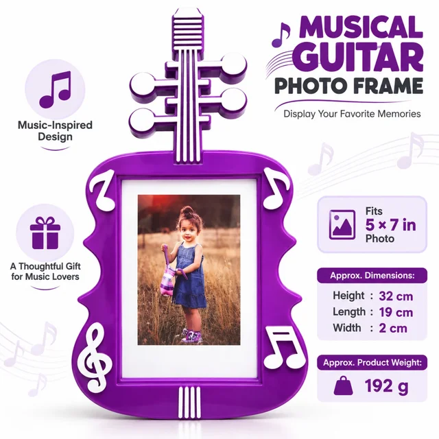 Musical Guitar Photo Frame for 5 × 7 Inch Photo, Purple Guitar-Shaped Decorative Photo Frame for Home Décor, Bedroom, Desk Display and Gifting