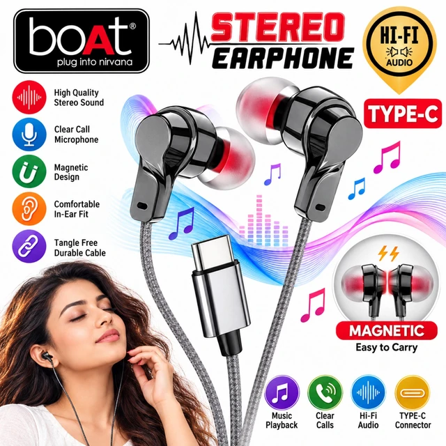 boAt Stereo Type-C Wired Earphones with Hi-Fi Stereo Sound, Clear Call Microphone, Magnetic Earbuds, Tangle-Free Durable Cable & Comfortable In-Ear Fit fo