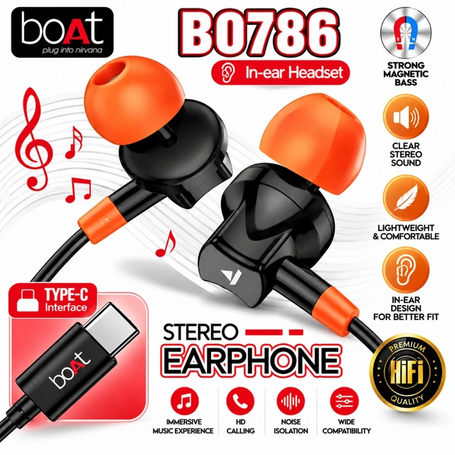 boAt B0786 Stereo In-Ear Wired Earphones with Type-C Interface, Strong Magnetic Bass, Clear Stereo Sound, HD Calling, Noise Isolation, Lightweight & Comfortable Design – Black & Orange