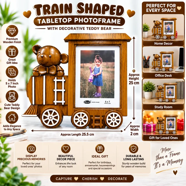 Train Shaped Tabletop Photo Frame with Decorative Teddy Bear, 5 x 7 Inch Photo Holder, Unique Home & Office Décor, Birthday & Anniversary Gift