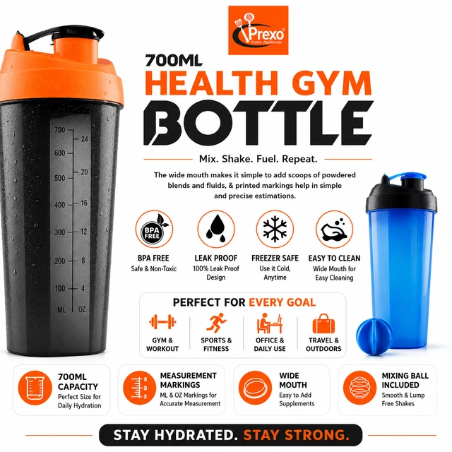 700ML Health Gym Bottle with Mixing Ball, Measurement Markings, Wide Mouth & Leak-Proof Design for Gym, Sports, Office, Travel & Daily Hydration