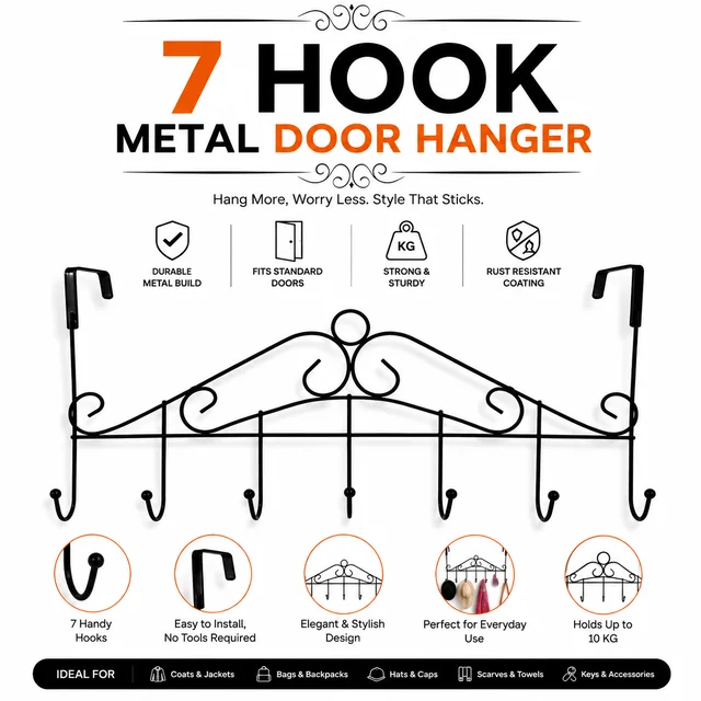 7 Hook Metal Over Door Hanger | Durable Rust-Resistant Hanging Rack with 7 Handy Hooks | No Tools Required | Ideal for Clothes, Towels, Bags & Accessories