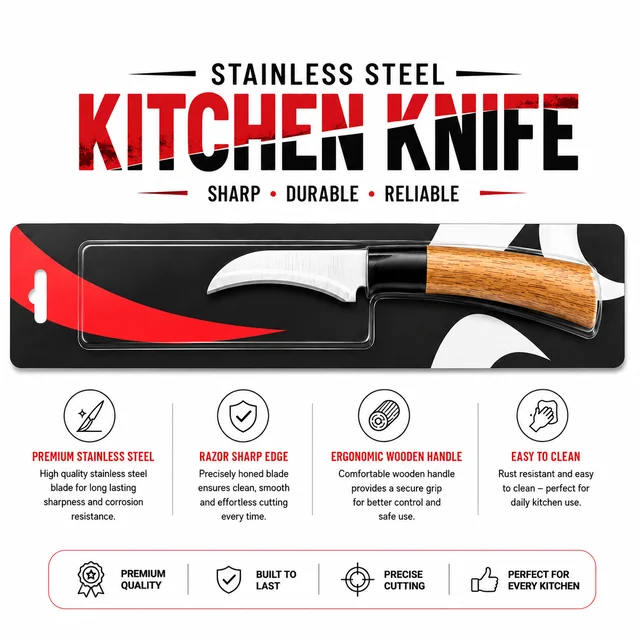 Steel Kitchen Knife with Ergonomic Wooden Handle | Razor Sharp Curved Blade | Durable, Rust Resistant & Easy to Clean | Kitchen Cutting Knife