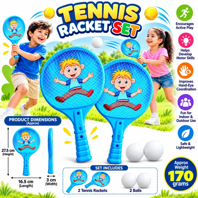 Kids Tennis Racket Set ( RANDOM COLOURS )with 2 Lightweight Blue Cartoon Rackets and 2 Balls for Indoor & Outdoor Sports Play