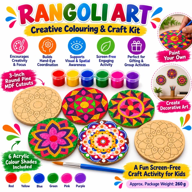 Rangoli Art Creative Colouring & Craft Kit for Kids with 3-Inch Round Pine MDF Cutouts and 6 Acrylic Colours, DIY Mandala Painting Set for Creative Learning, Art Activities and Gifting