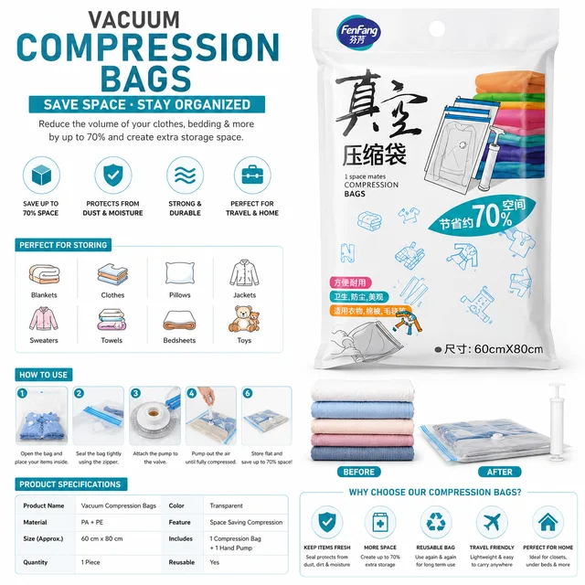 Vacuum Compression Storage Bag 60 × 80 cm, Space Saving Reusable Clothes & Bedding Organizer Bag with Air Compression Valve, Travel & Home Storage Bag