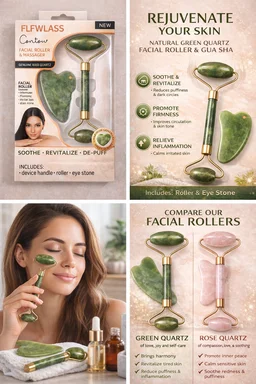 Contour Facial Roller & Massager Set with Green Quartz – Double-Sided Face Roller + Under Eye Gua Sha Stone for Skin Firming, De-Puffing & Circulation
